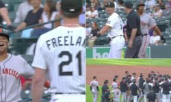 Rafael Devers y el pitcher Kyle Freeland intercambian palabras segundos después de que el dominicano le conectara de jonrón al pitcher de los Rockies.Fuente externa
